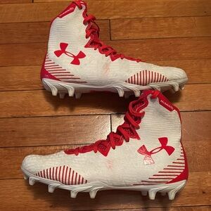 Under Armour Red and White Clutch Fit High Top Lacrosse cleat